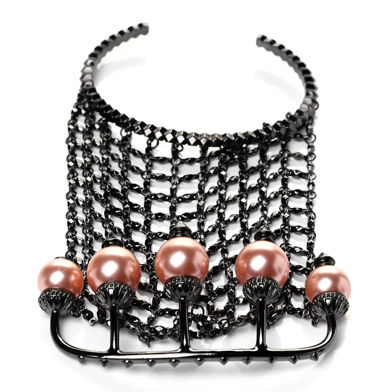 Gucci Metal Embellished Pearl Multi-Finger Ring Bracelet Black Pink 4 of 4