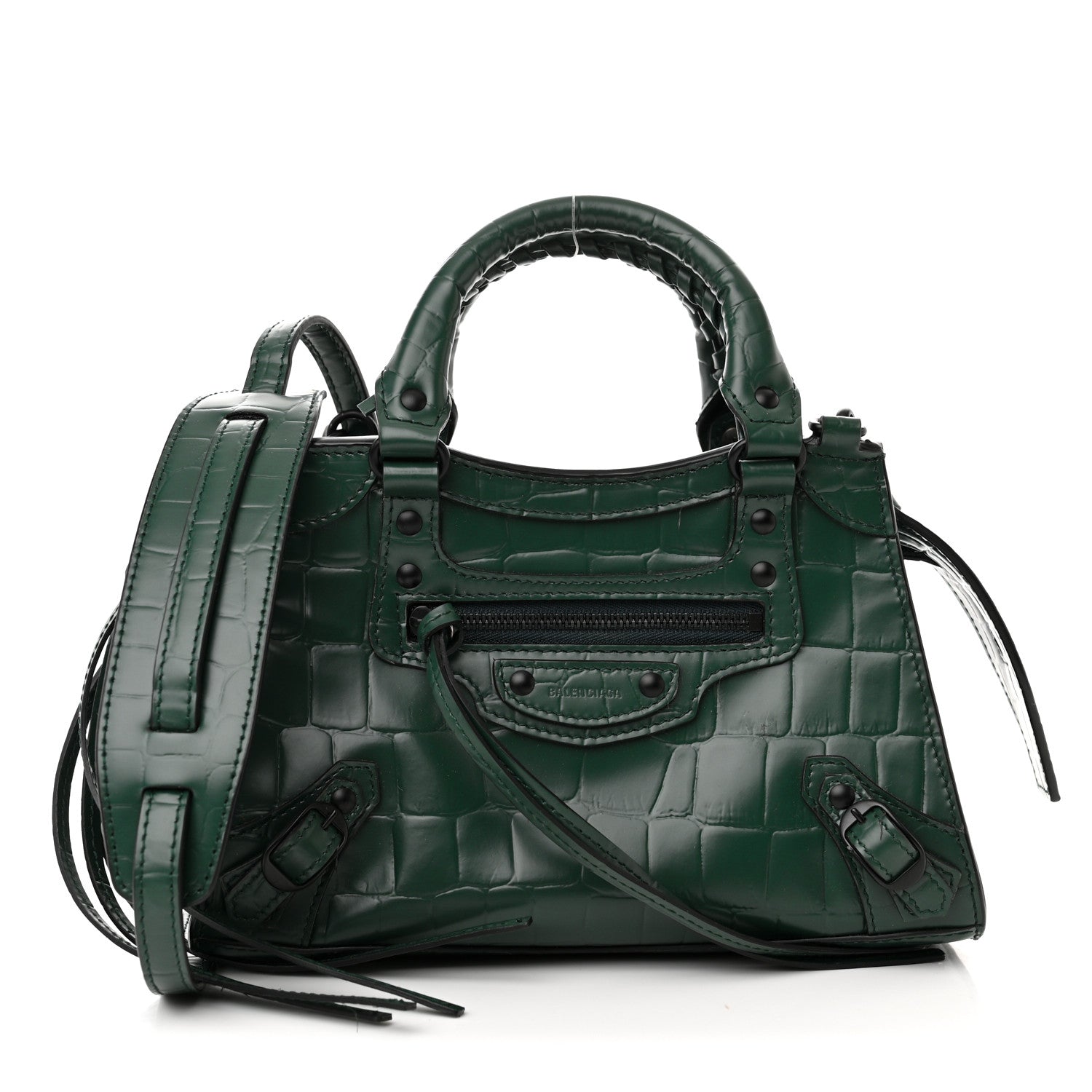Balenciaga Semi Shiny Calfskin Crocodile Embossed Neo Classic Black Hardware Mini City Forest Green 1 of 14