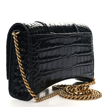 Balenciaga Shiny Calfskin Crocodile Embossed Hourglass Chain Bag Black 3 of 9