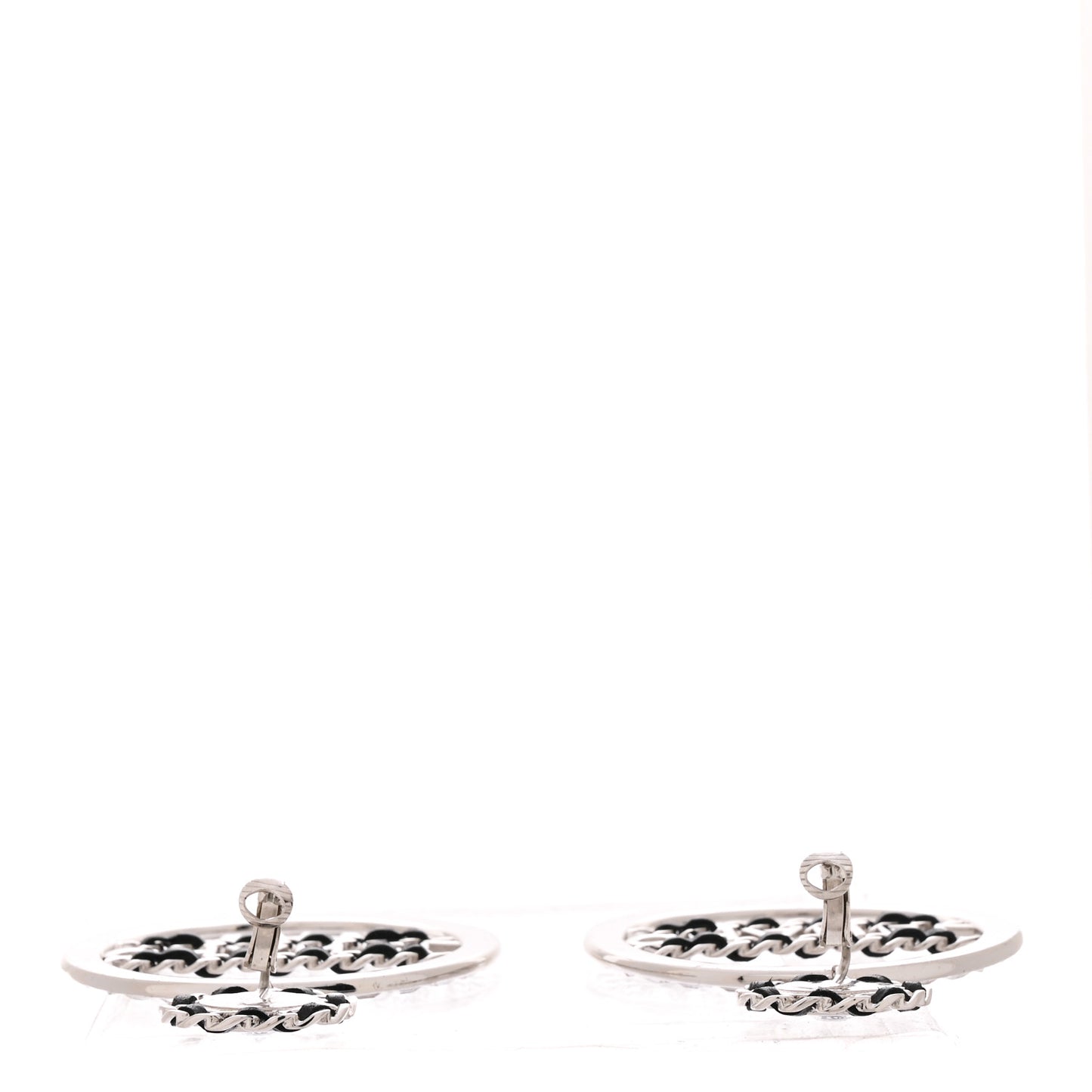 Crystal Lambskin Chain CC Hoop Clip On Earrings Black Silver