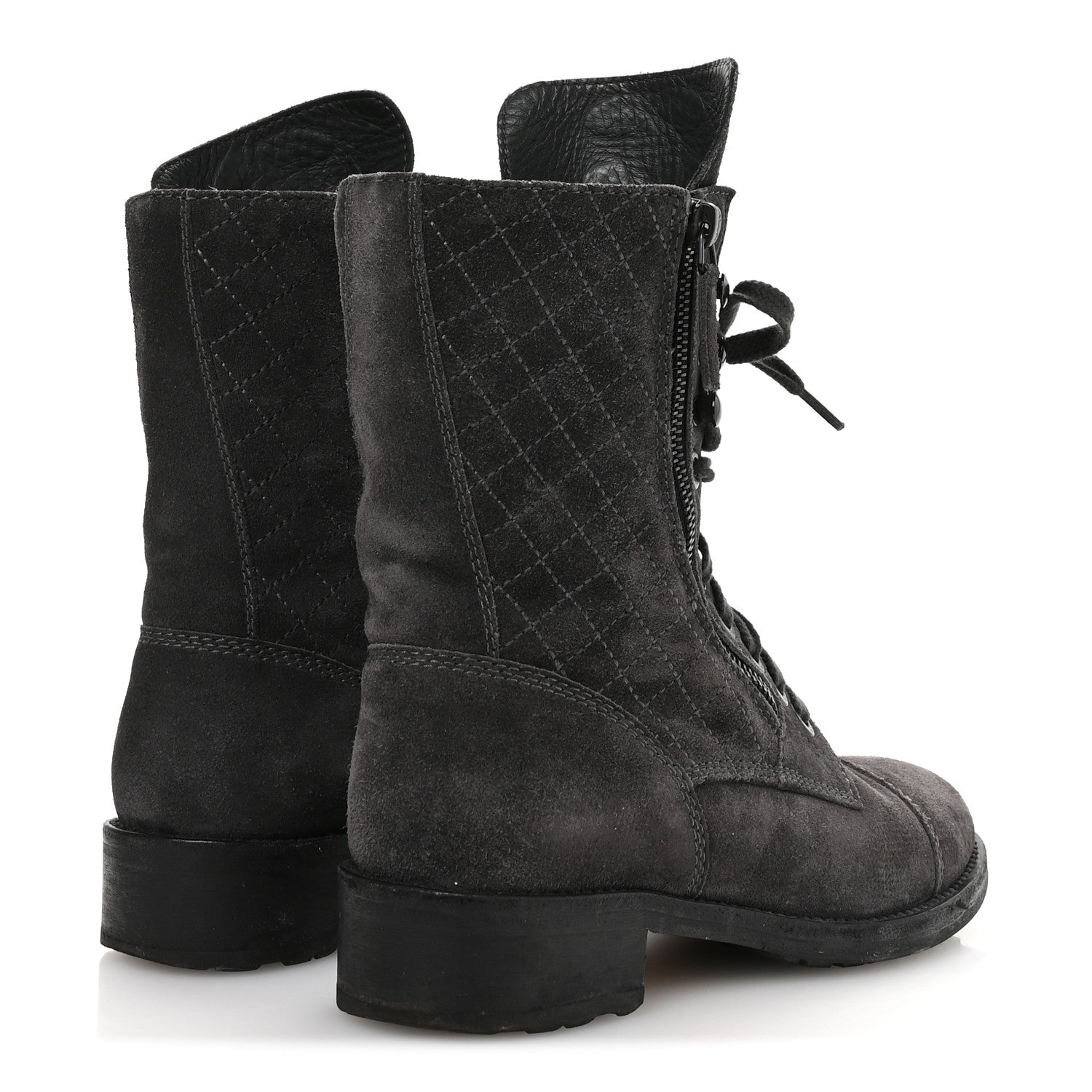 Chanel Suede Quilted CC Tall Lace Up Combat Boots 38 Grey 5 of 8