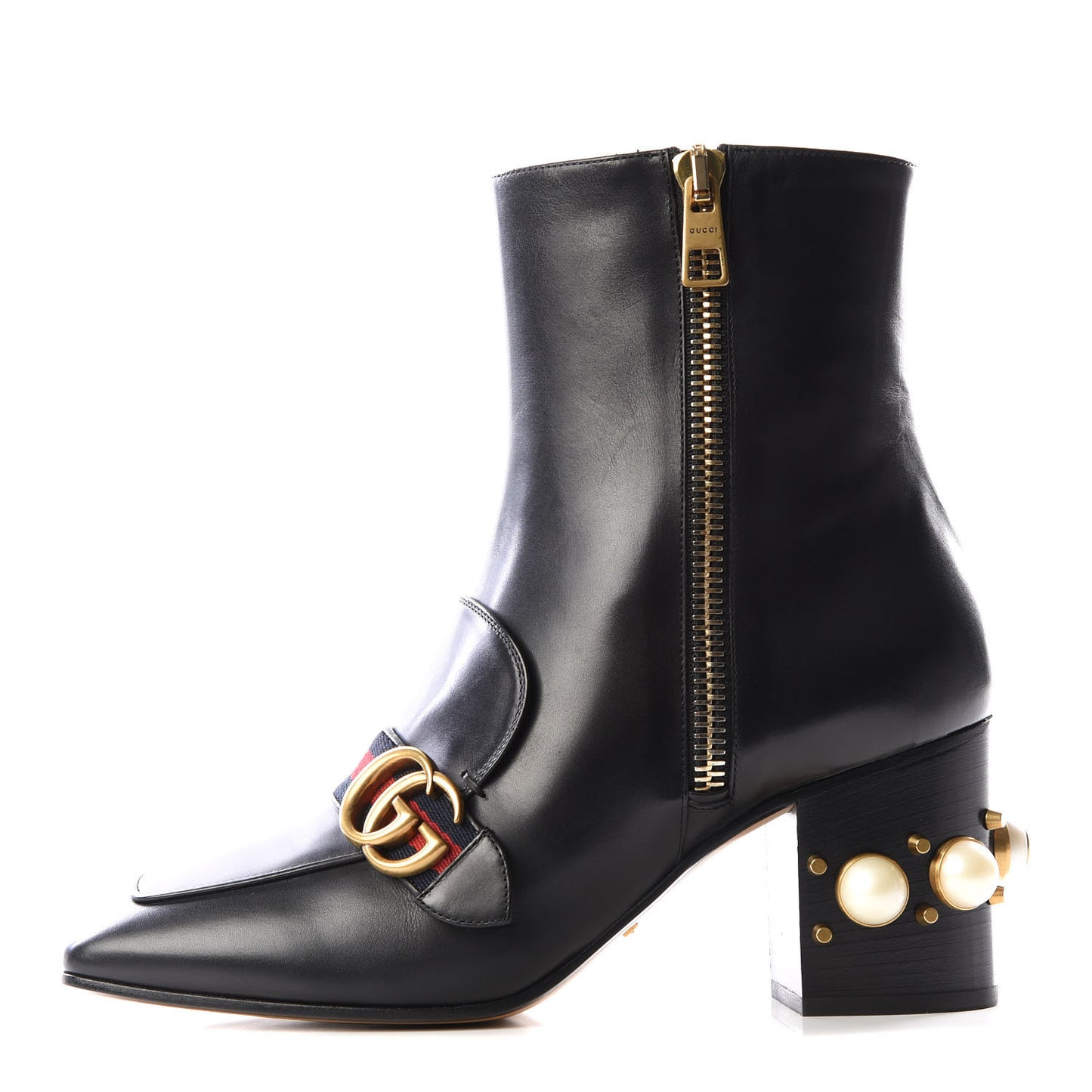 Betis Glamour Calfskin Web Pearl Embellished Peyton 75mm Ankle Boots 40.5 Black