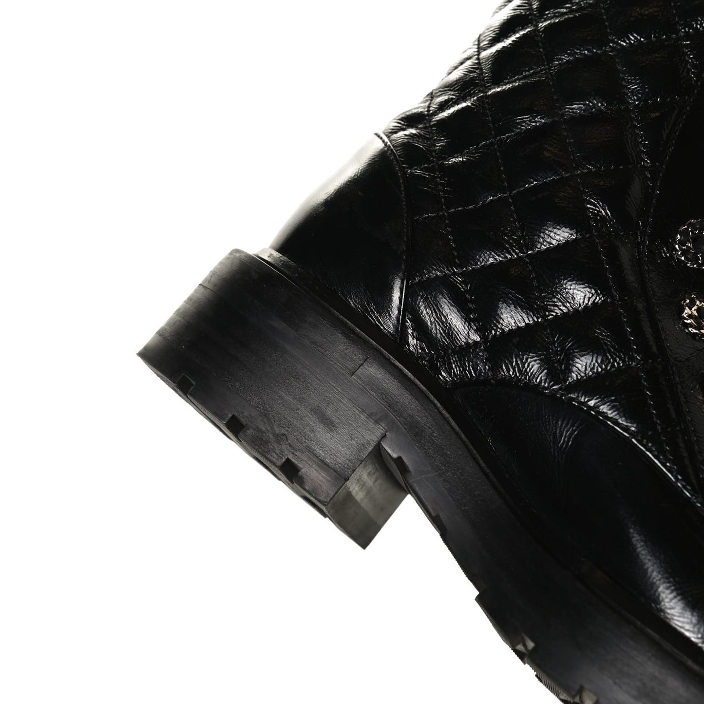 Shiny Calfskin Quilted Lace Up Combat Boots 35.5 Black