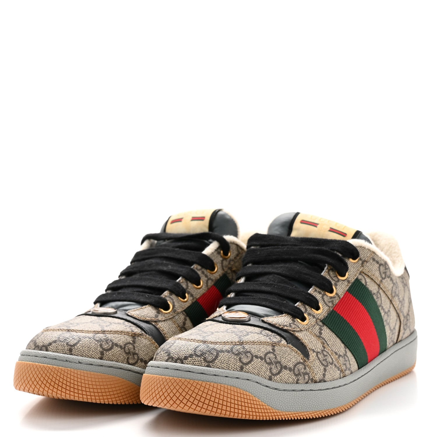 Gucci GG Supereme Monogram Miro Soft Calfskin Web Mens Screener Sneakers 8.5 Beige Ebony Black New Platinum 4 of 10