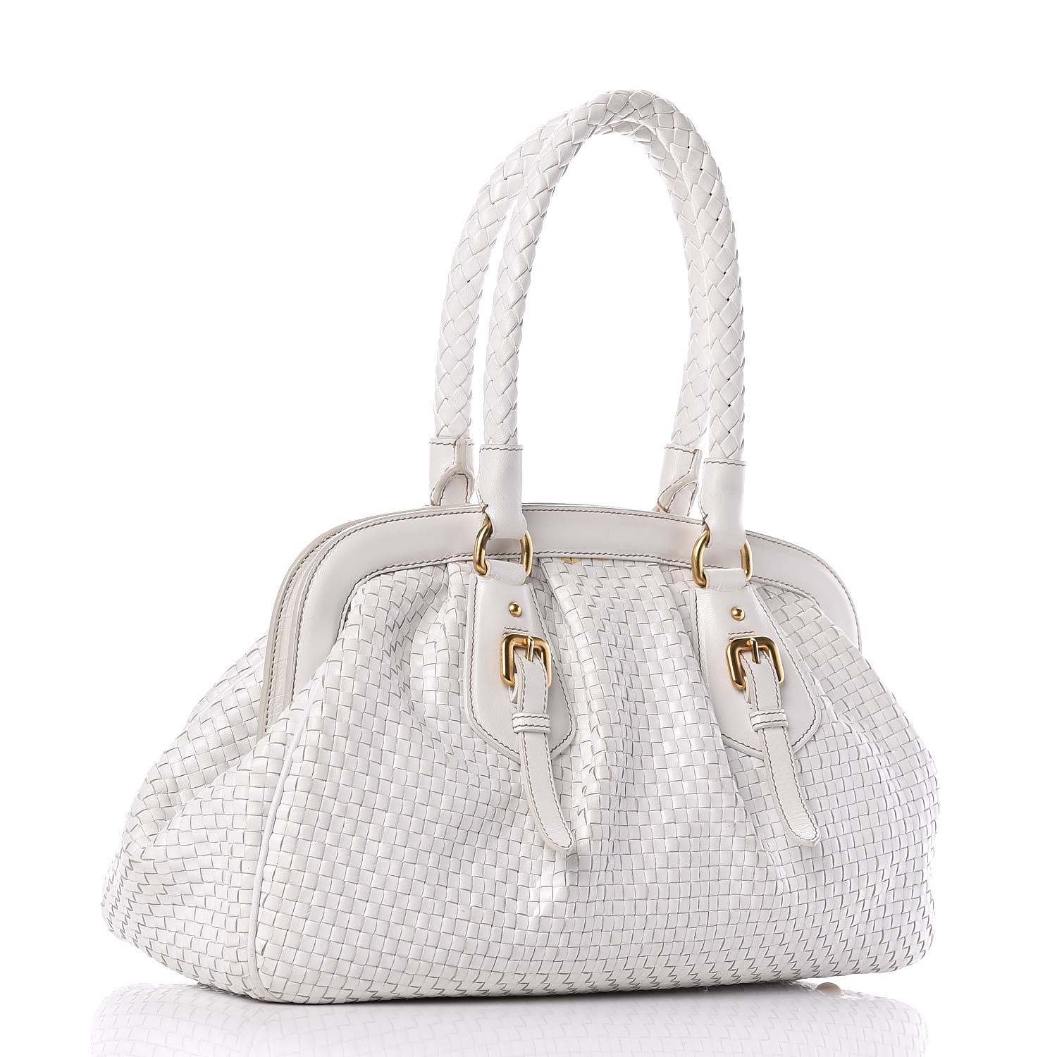 Prada Goatskin Woven Frame Satchel Bianco 3 of 16