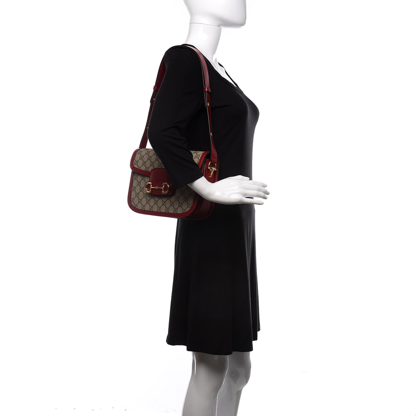 GG Supreme Monogram Azalea Calfskin Horsebit 1955 Shoulder Bag Beige Ebony New Cherry Red