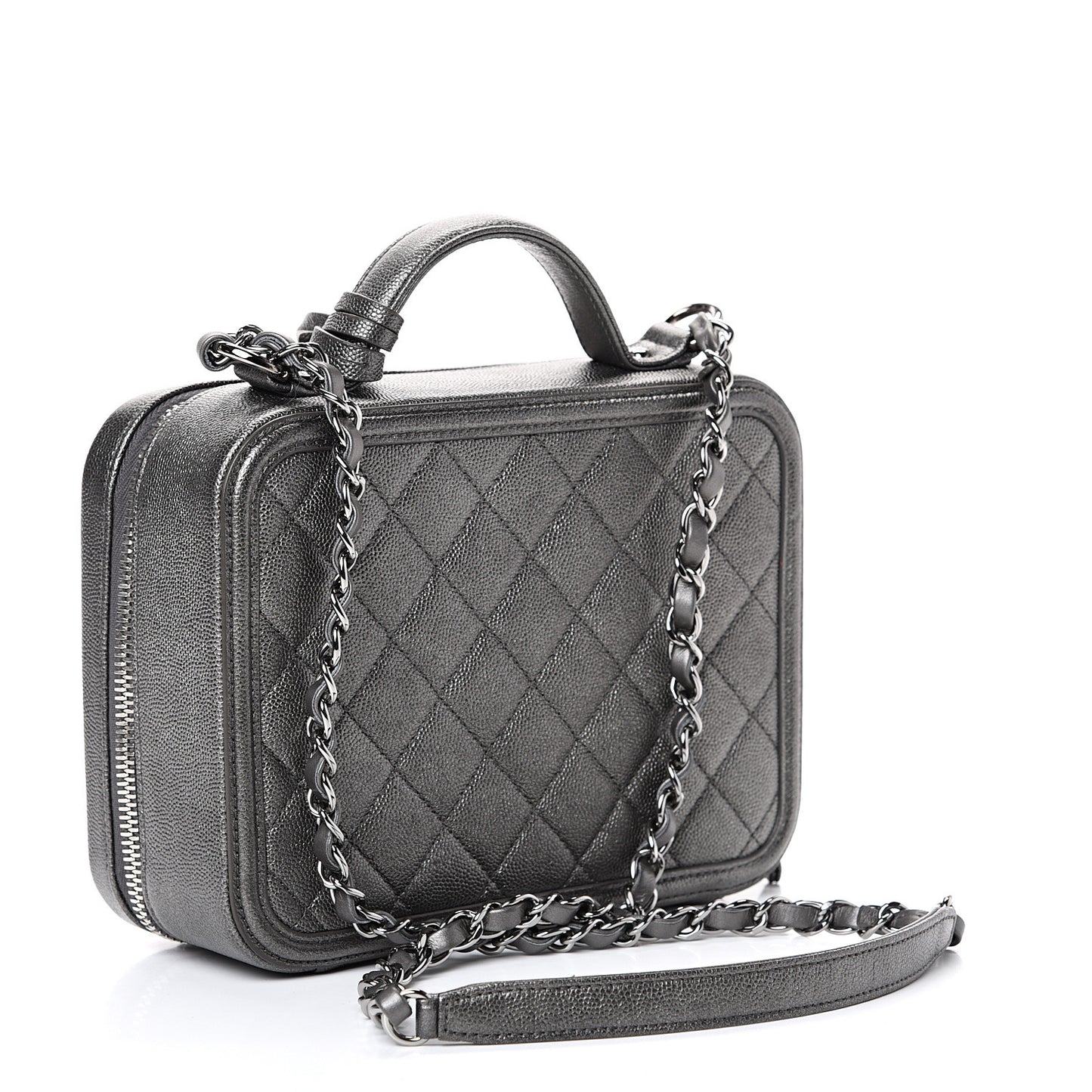 Metallic Caviar Quilted Medium CC Filigree Vanity Case Dark Silver