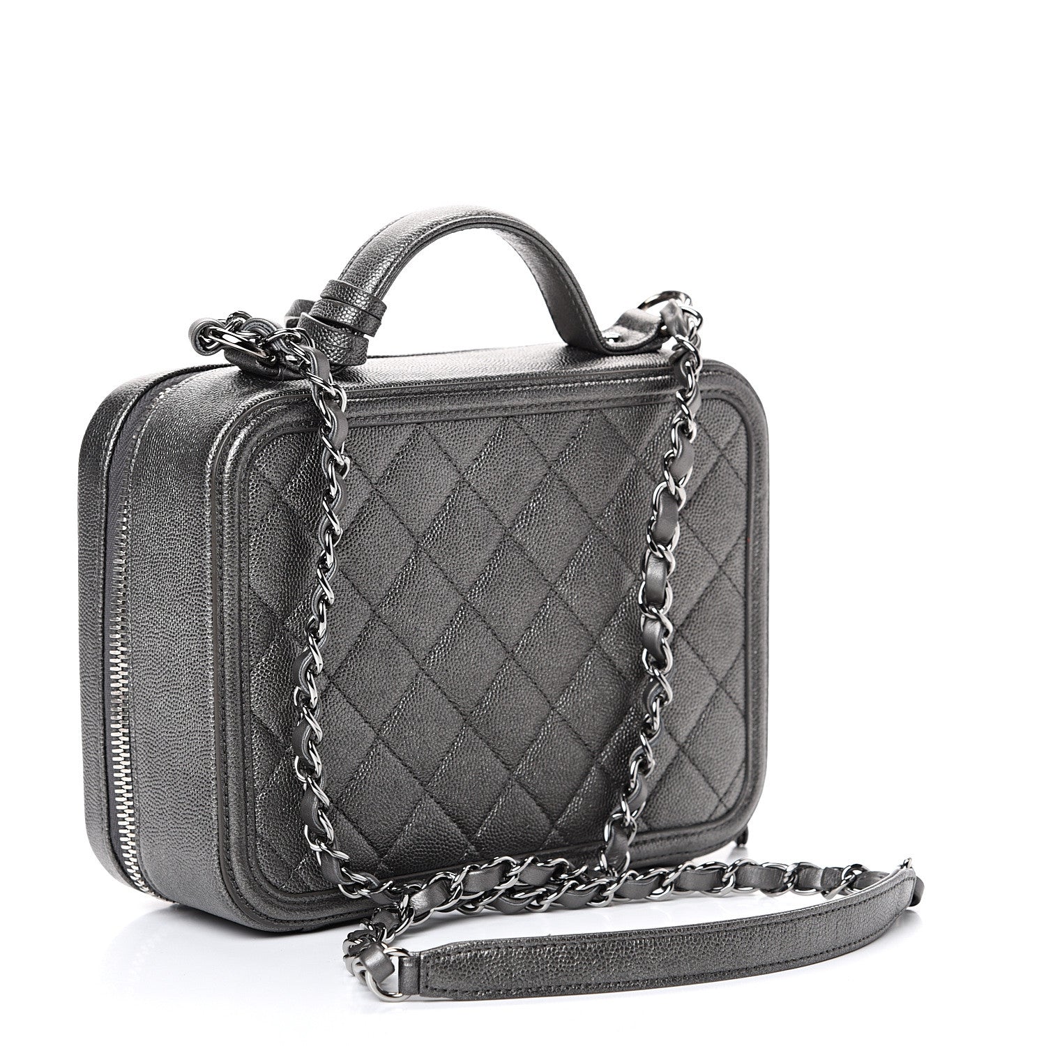 Chanel Metallic Caviar Quilted Medium CC Filigree Vanity Case Dark Silver 2 of 11