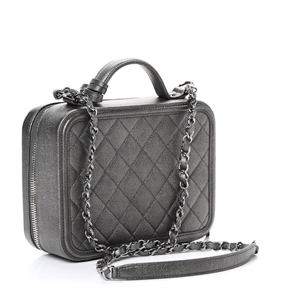 Chanel Metallic Caviar Quilted Medium CC Filigree Vanity Case Dark Silver 2 of 11