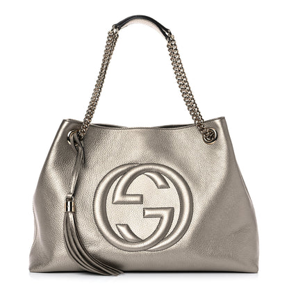 Gucci Metallic Pebbled Calfskin Medium Soho Chain Shoulder Bag Golden Beige 1 of 11