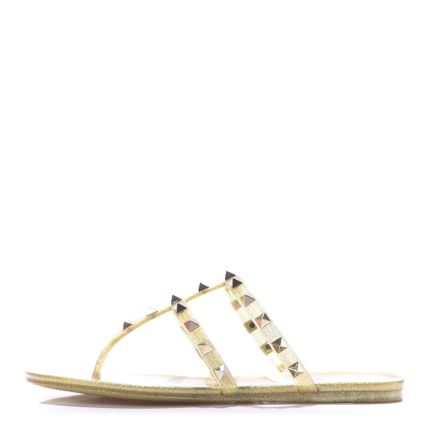 Valentino Garavani PVC Jelly Glitter Rockstud Caged Flat Thong Sandals 36 Oro 1 of 9