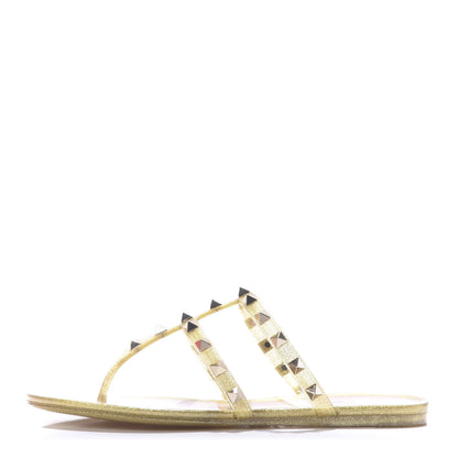 Valentino Garavani PVC Jelly Glitter Rockstud Caged Flat Thong Sandals 36 Oro 1 of 9
