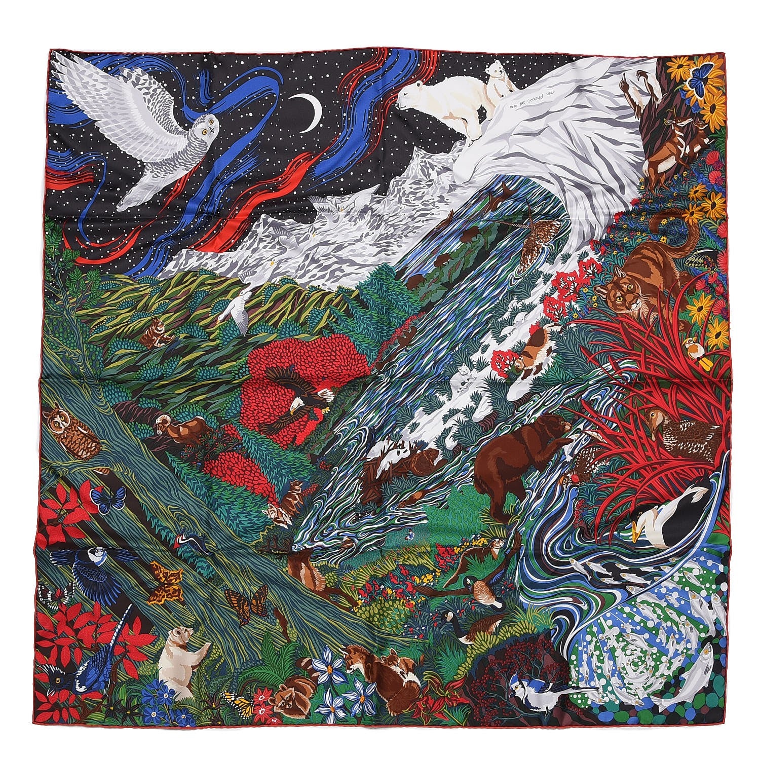 Hermes Silk Into the Canadian Wild Scarf 90 Vert Rouge Brun 1 of 4