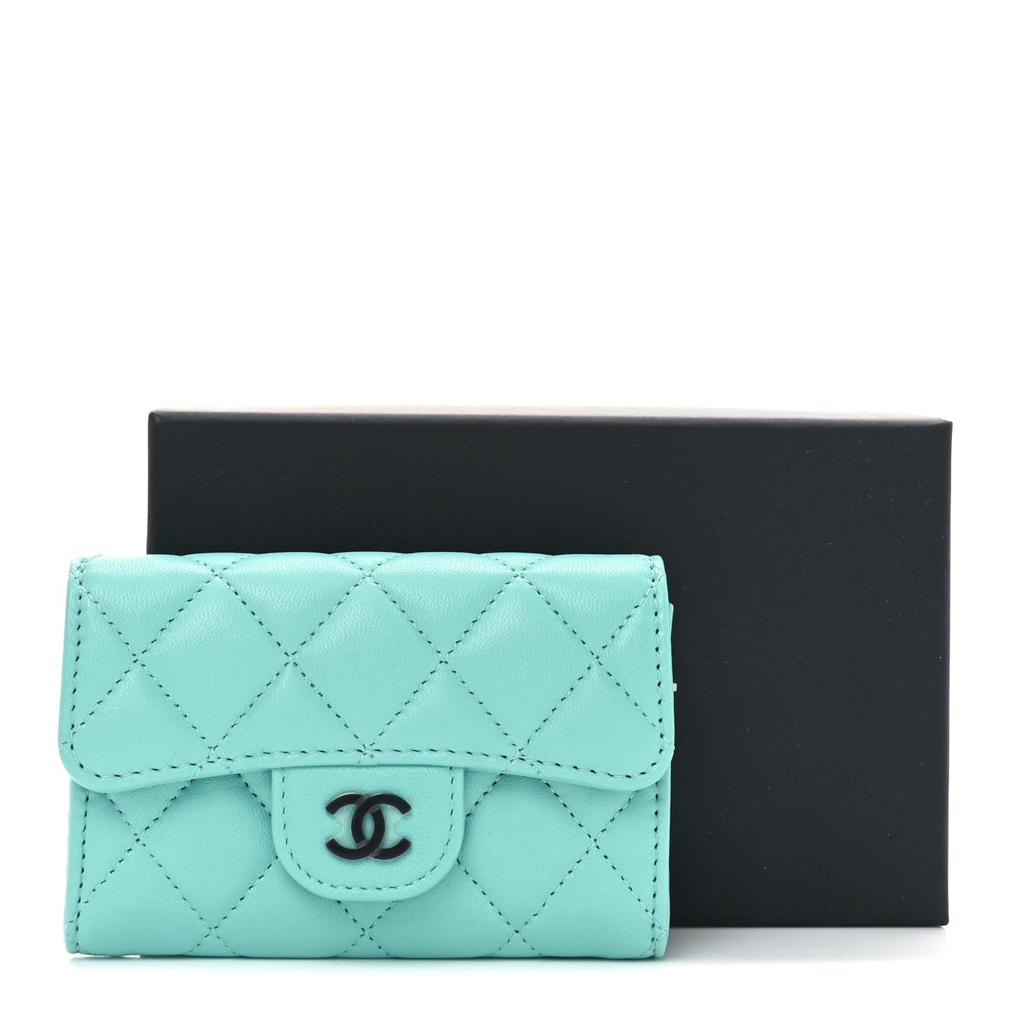 Lambskin Quilted Flap Card Holder Wallet Turquoise