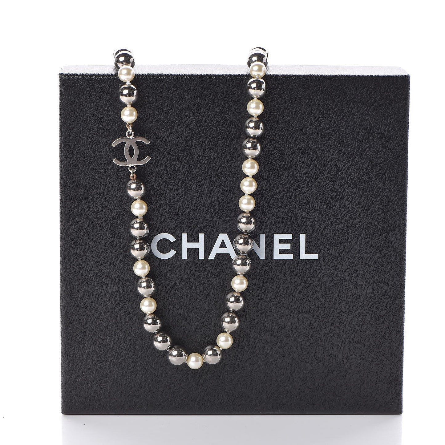 Pearl Beaded CC Long Necklace Silver