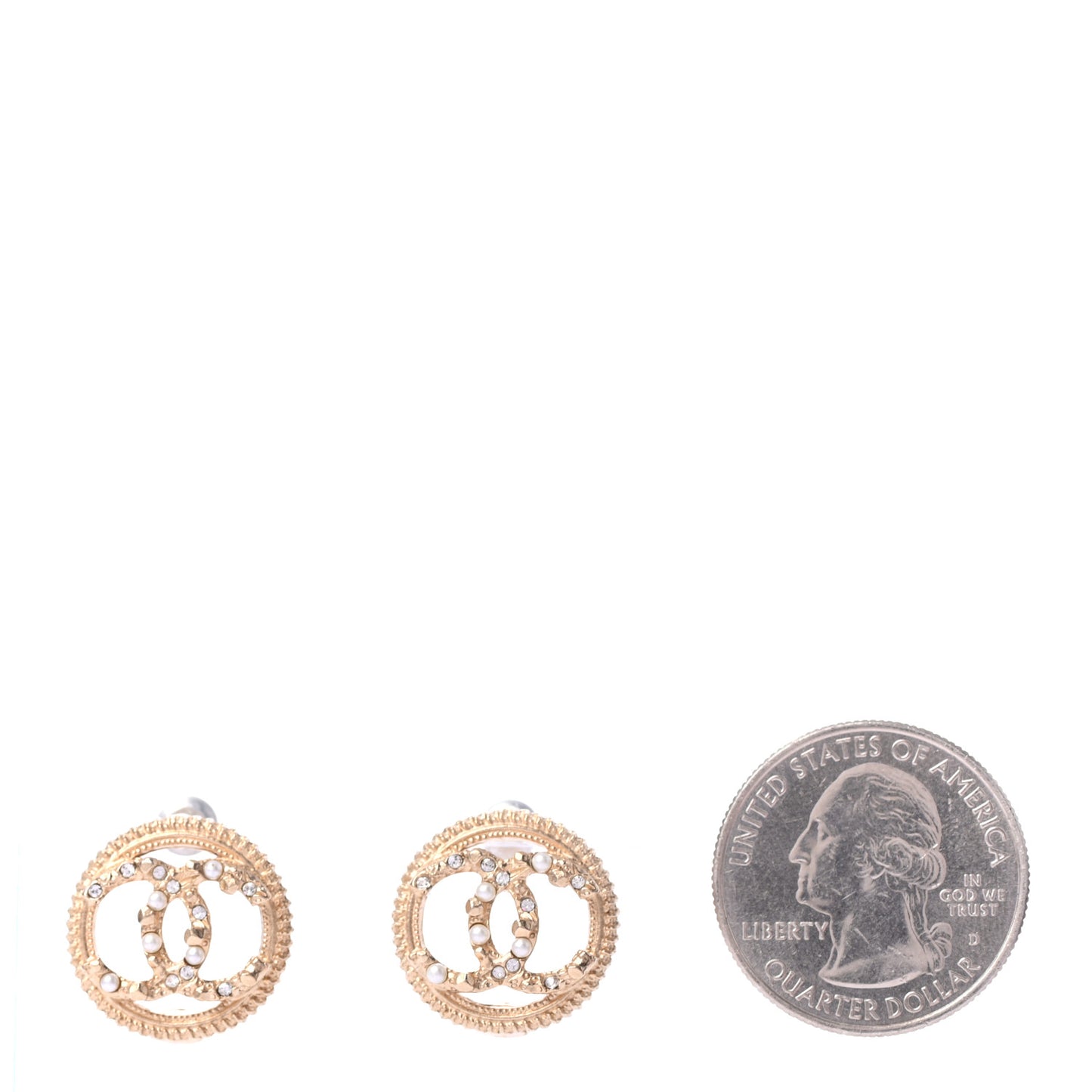 Pearl Crystal CC Round Earrings Gold
