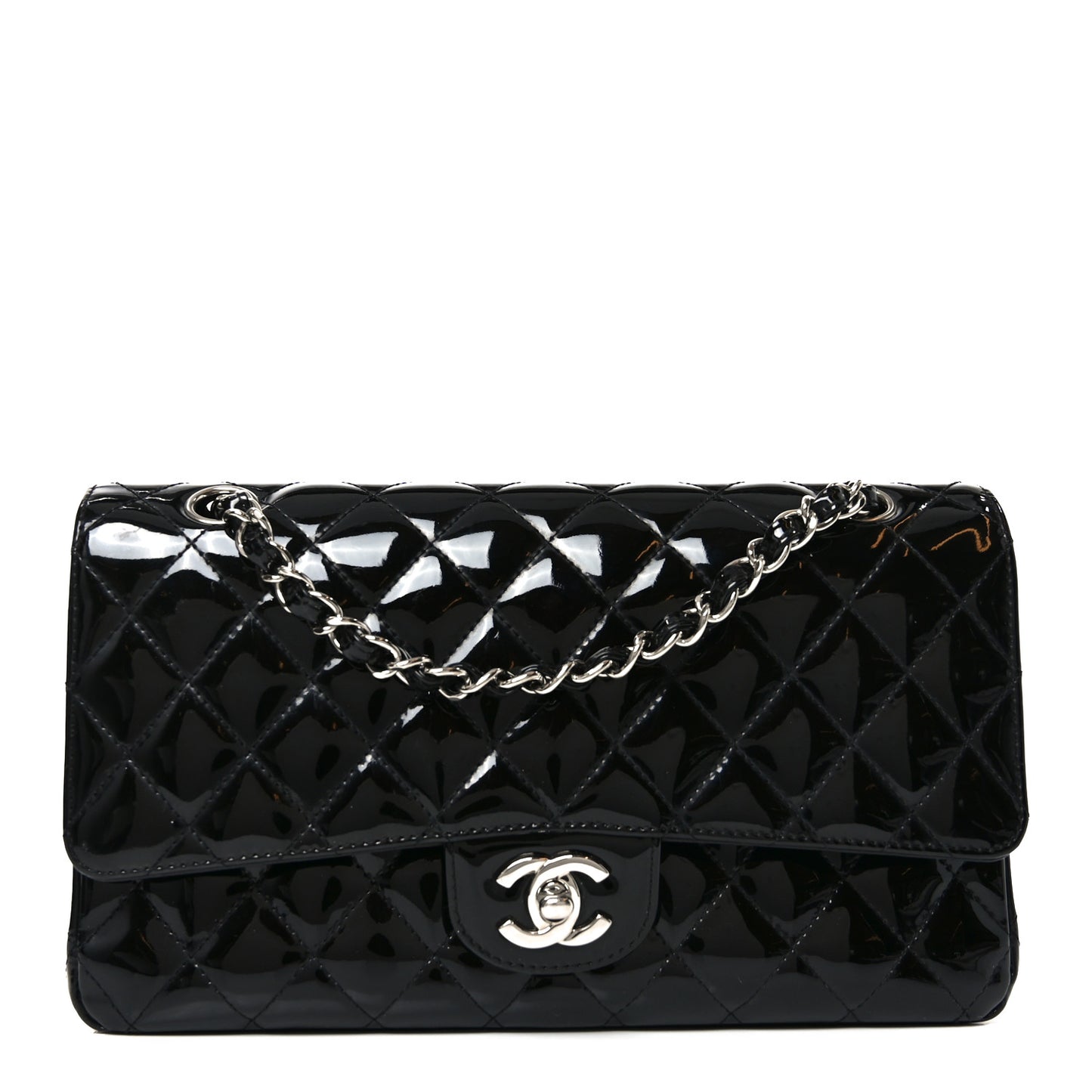 Patent Quilted Medium Double Flap Black