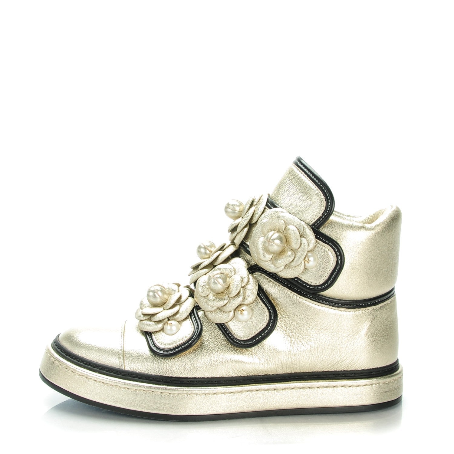 Chanel Metallic Lambskin Pearl Camellia High Top Sneakers 37 Gold 1 of 8