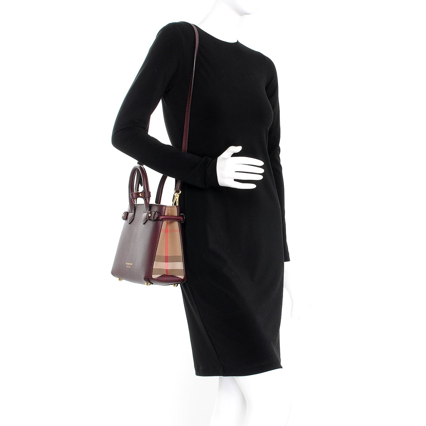 Grainy Calfskin House Check Small Banner Tote Mahogany Red
