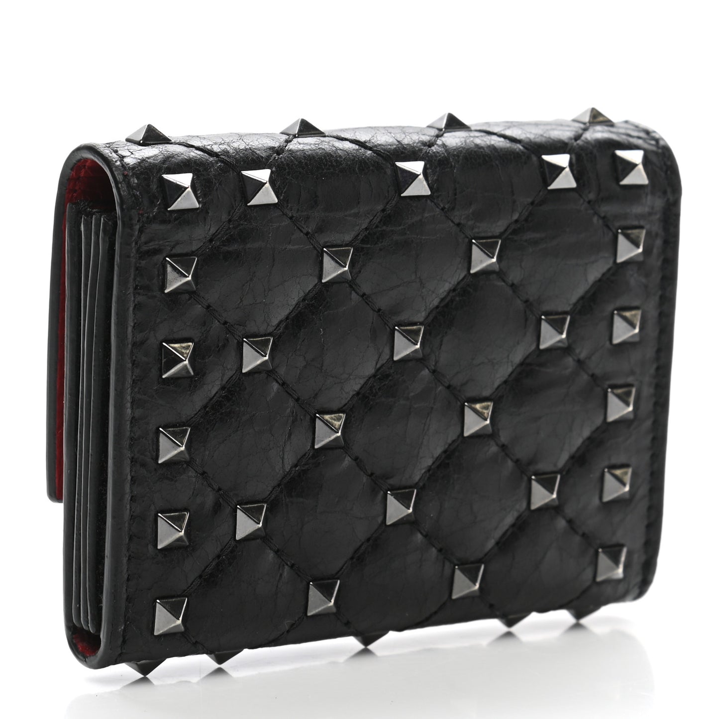 Craquele Nappa Rockstud Spike Bi-Fold Card Holder Black