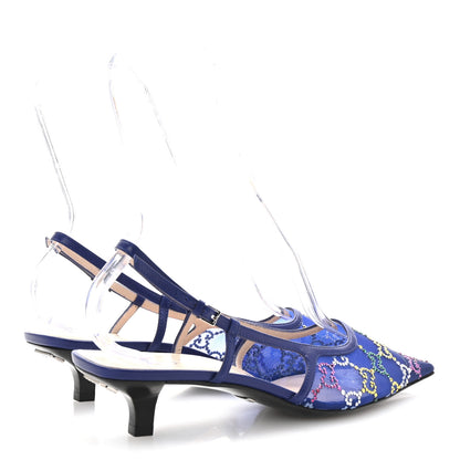 Gucci Tela Retino Nappa Charlotte Crystal GG Monogram Square G 35mm Slingback Pumps 38.5 Splash Net Blue Witch 5 of 9