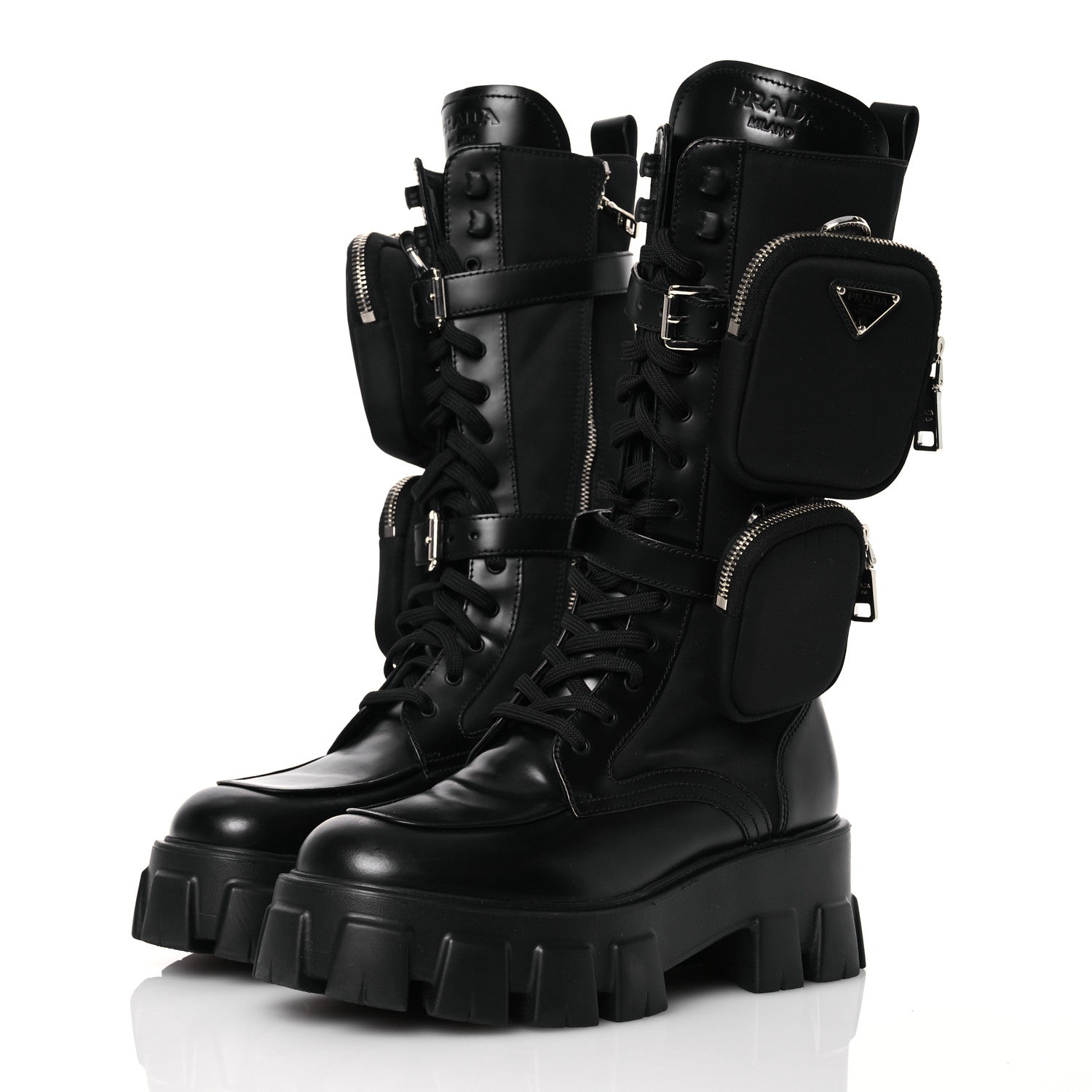Prada Spazzolato Rois Re-Nylon Metal Triangle Logo Monolith Pouch Pocket 55mm Tall Combat Boots 39 Black 3 of 14