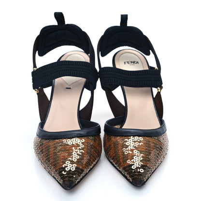 Fendi Sequin Paillettes FF Colibri 85mm Slingback Pumps 38 Black Ambra 2 of 9