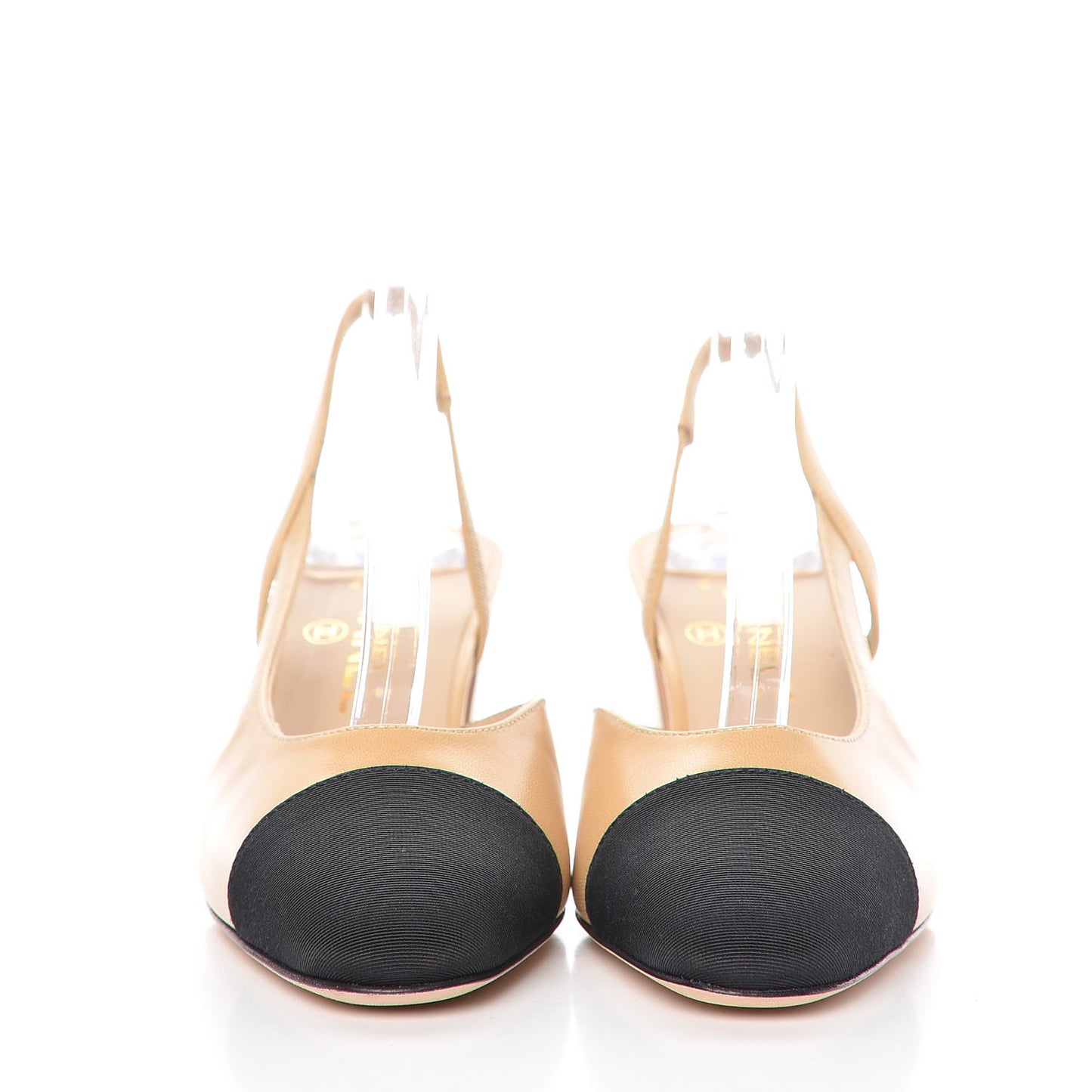 Goatskin Grosgrain Cap Toe CC Slingback Pumps 36 Beige Black
