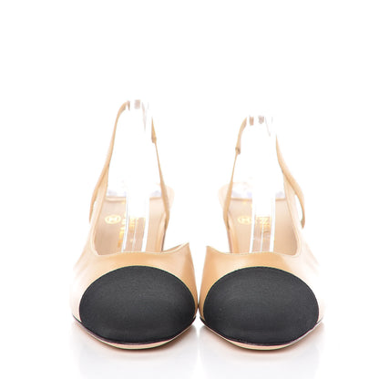 Chanel Goatskin Grosgrain Cap Toe CC Slingback Pumps 36 Beige Black 2 of 9