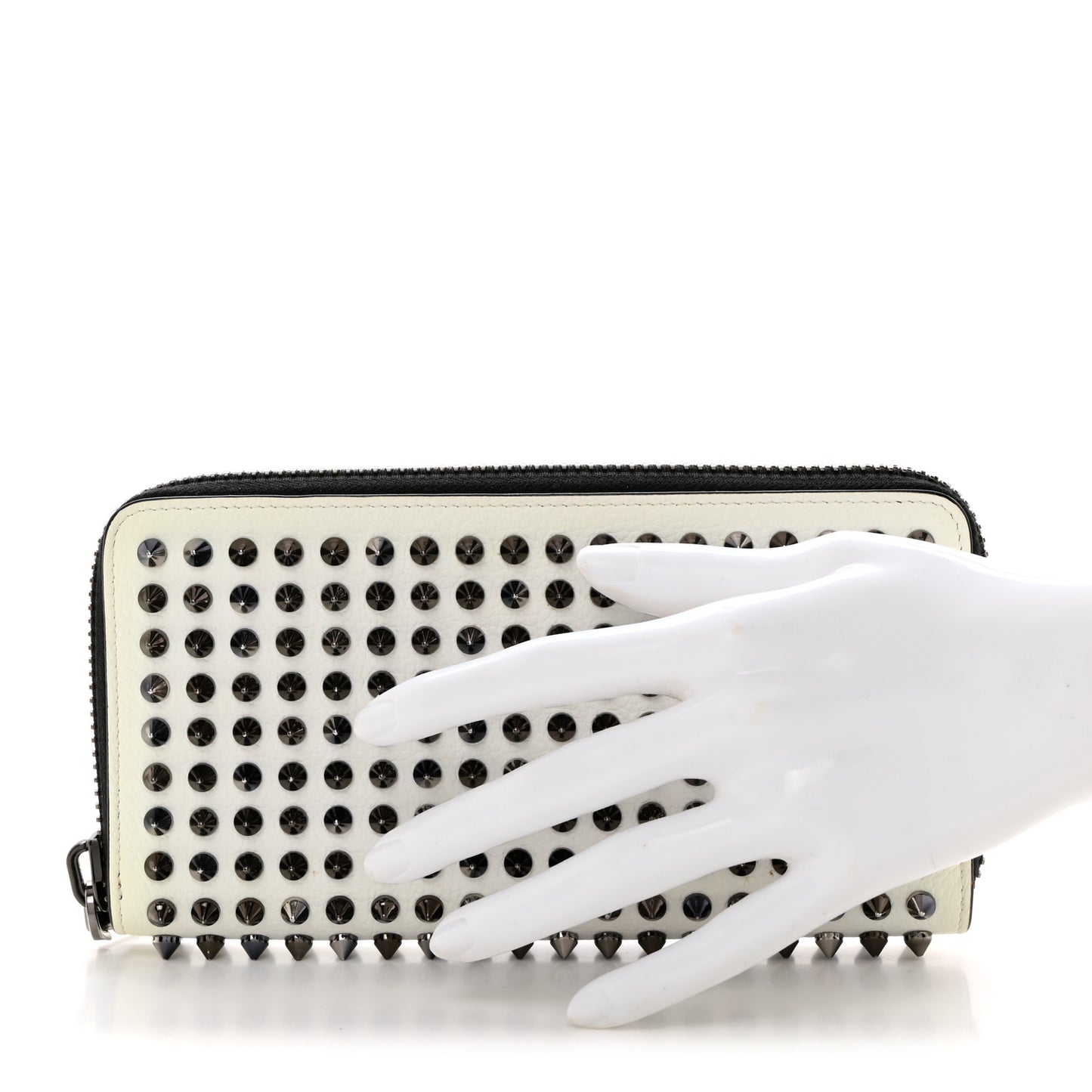 Calfskin Panettone Spiked Zip Around Wallet White