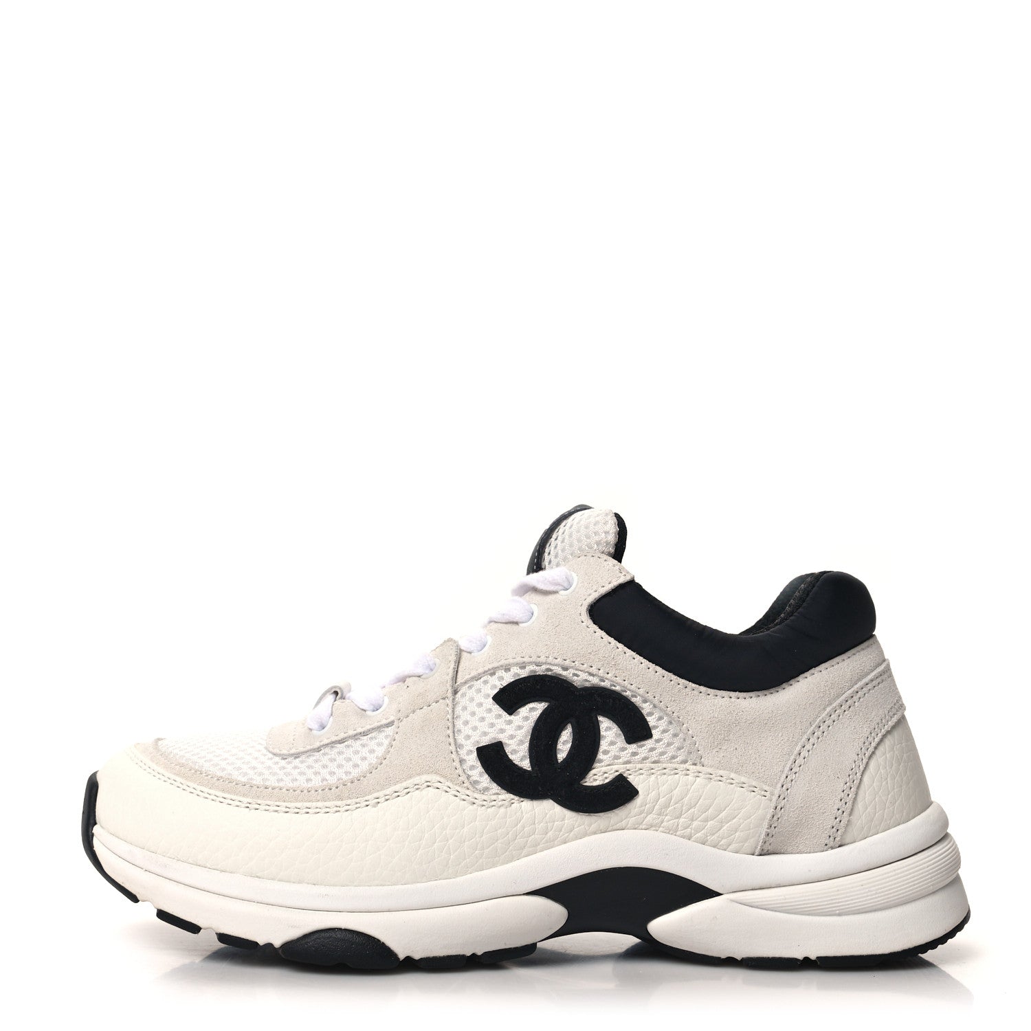 Chanel Mesh Suede Calfskin Grained Calfskin Womens CC Sneakers 37 White Black 1 of 8