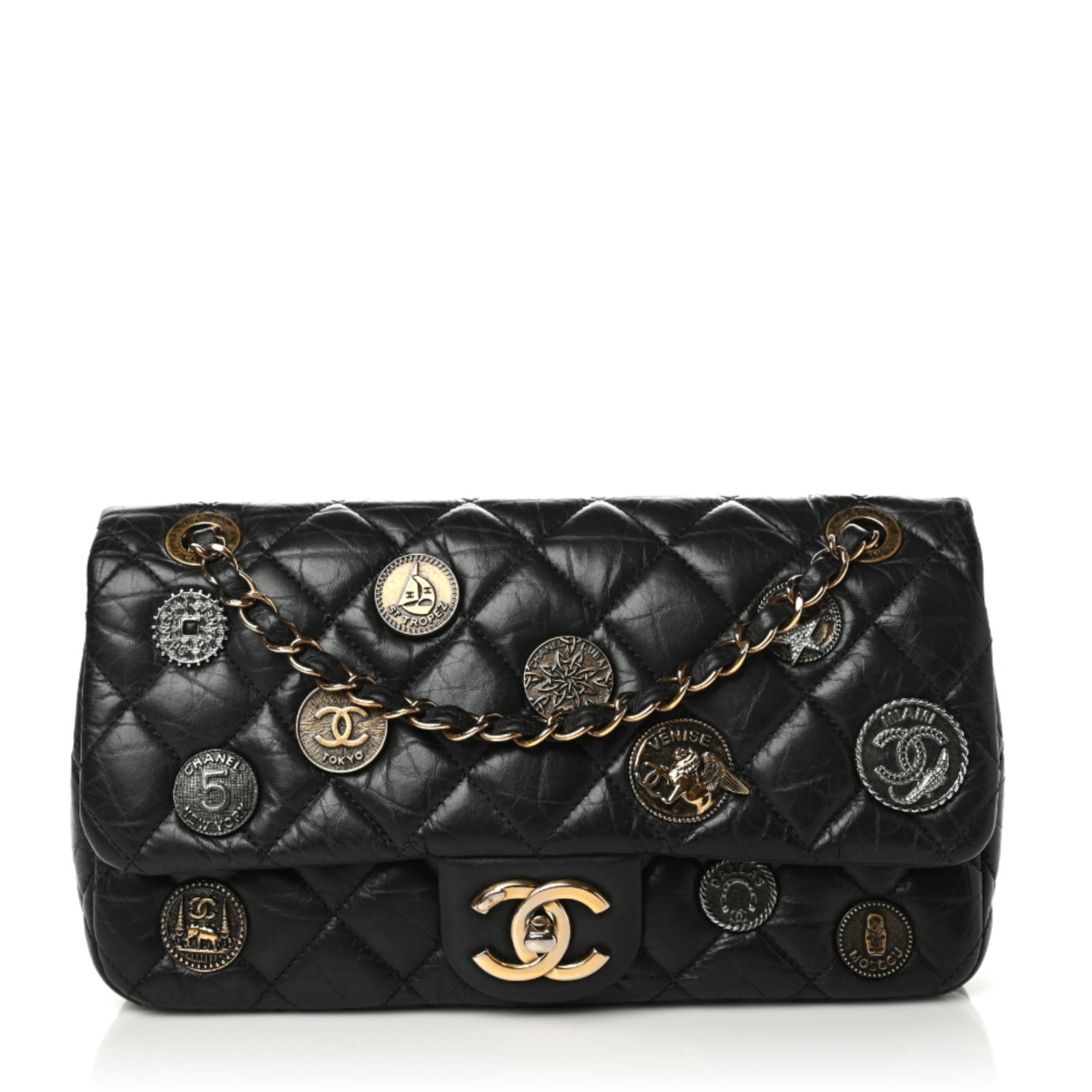 Aged Calfskin Quilted Medium Medallion Flap Black