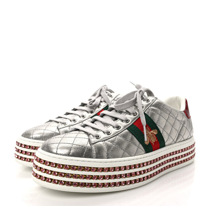 Gucci Laminated Nappa Crystal Web Bee Embroidered Trapuntata Womens Ace Platform Sneakers 38 Argento 3 of 10