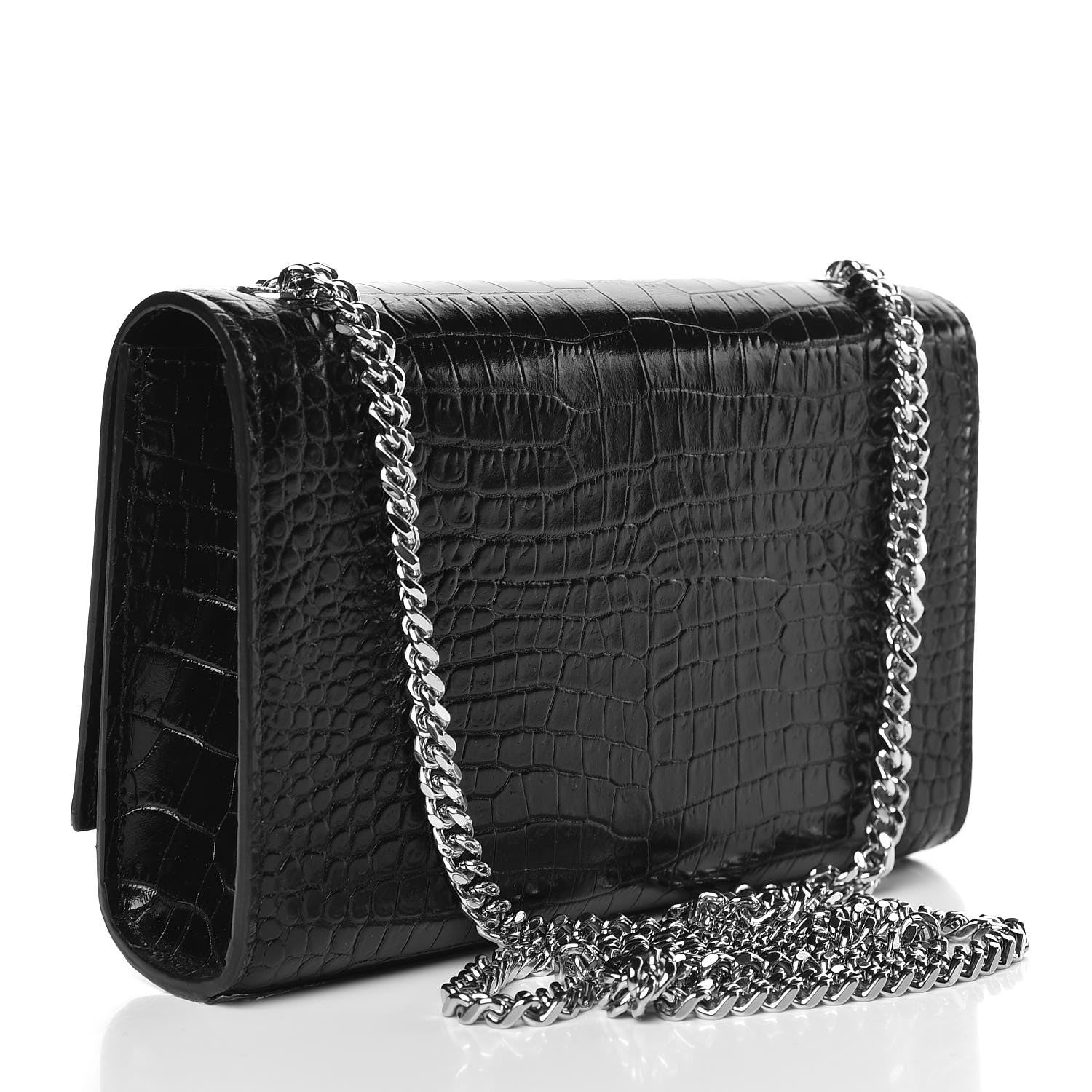 Saint Laurent Calfskin Crocodile Embossed Small Classic Monogram Kate Tassel Satchel Black 3 of 9