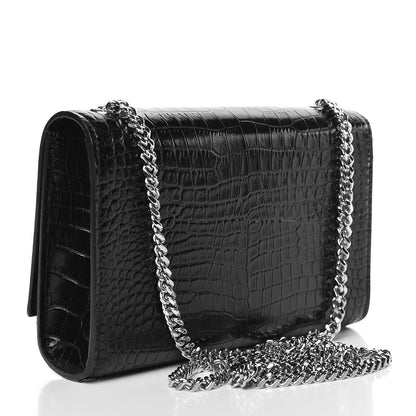 Saint Laurent Calfskin Crocodile Embossed Small Classic Monogram Kate Tassel Satchel Black 3 of 9