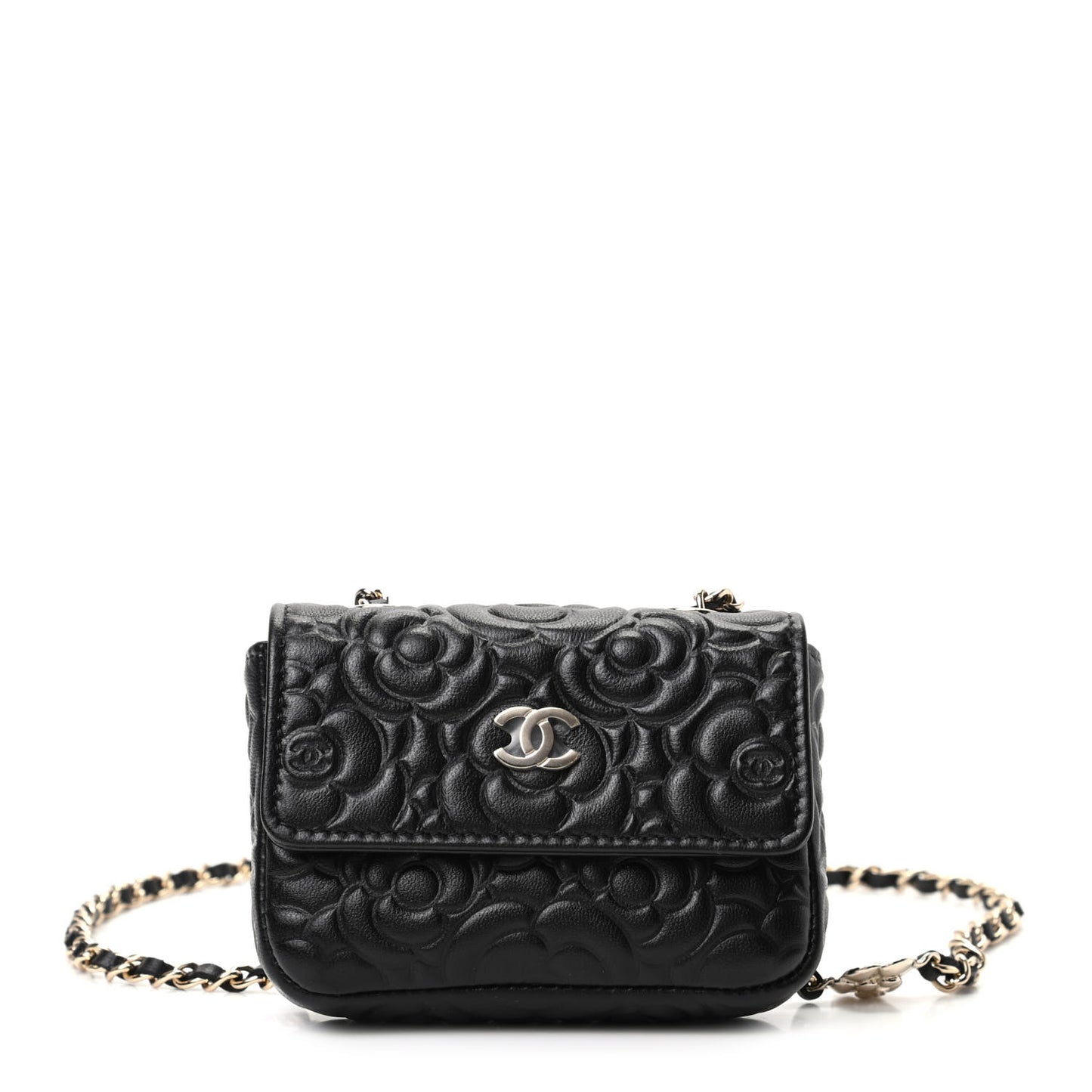 Lambskin Camellia Embossed Chain Belt Bag Black