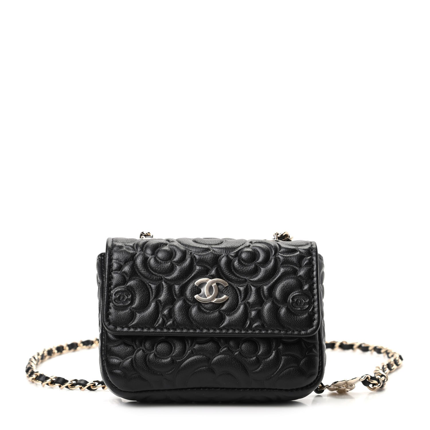 Chanel Lambskin Camellia Embossed Chain Belt Bag Black 1 of 11