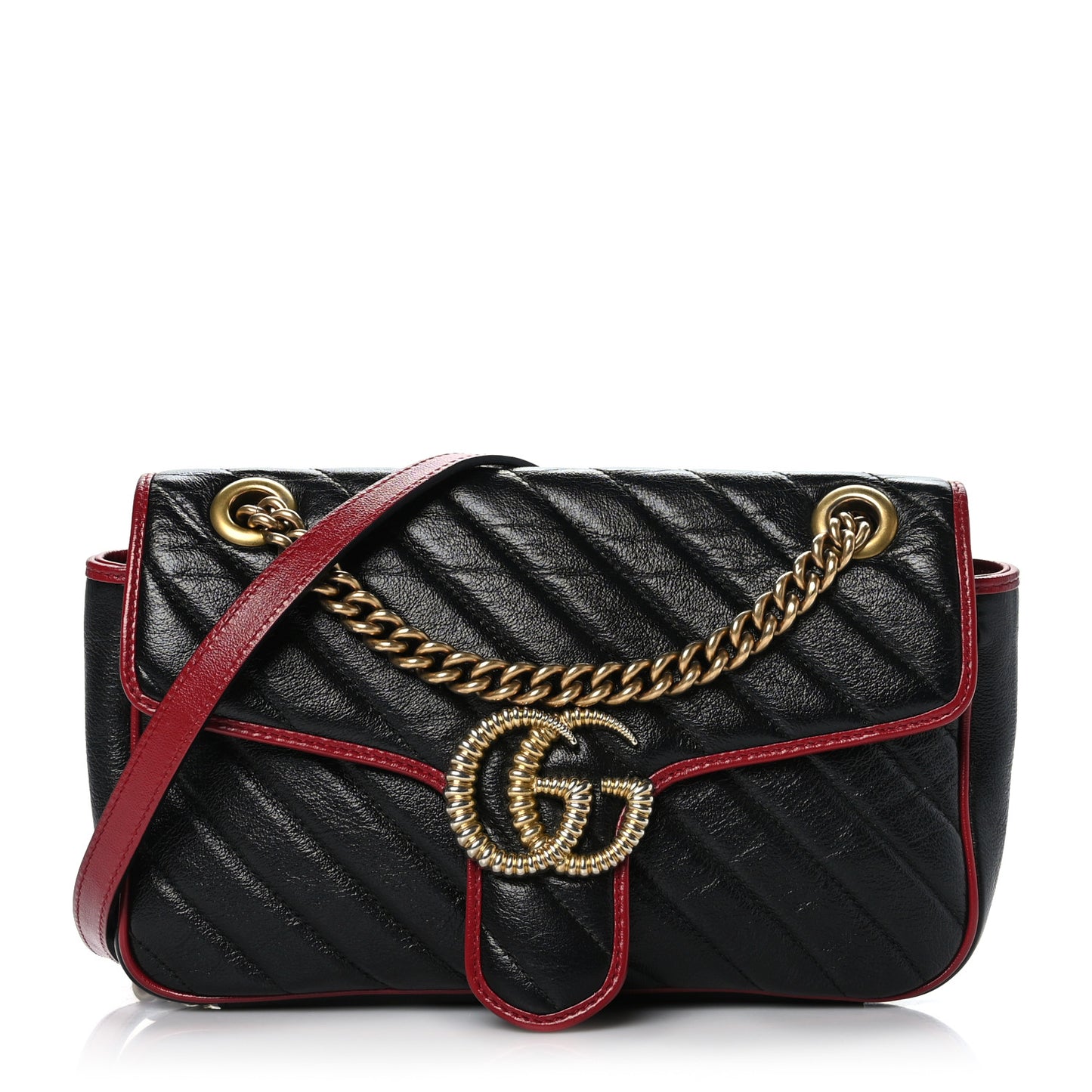 Vintage Effect Calfskin Matelasse Diagonal Small Torchon GG Marmont Shoulder Bag Black Romantic Cherry
