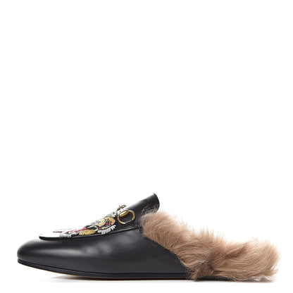 Gucci Calfskin Lambswool Tiger Embroidered Womens Princetown Slippers 38.5 Black 1 of 9