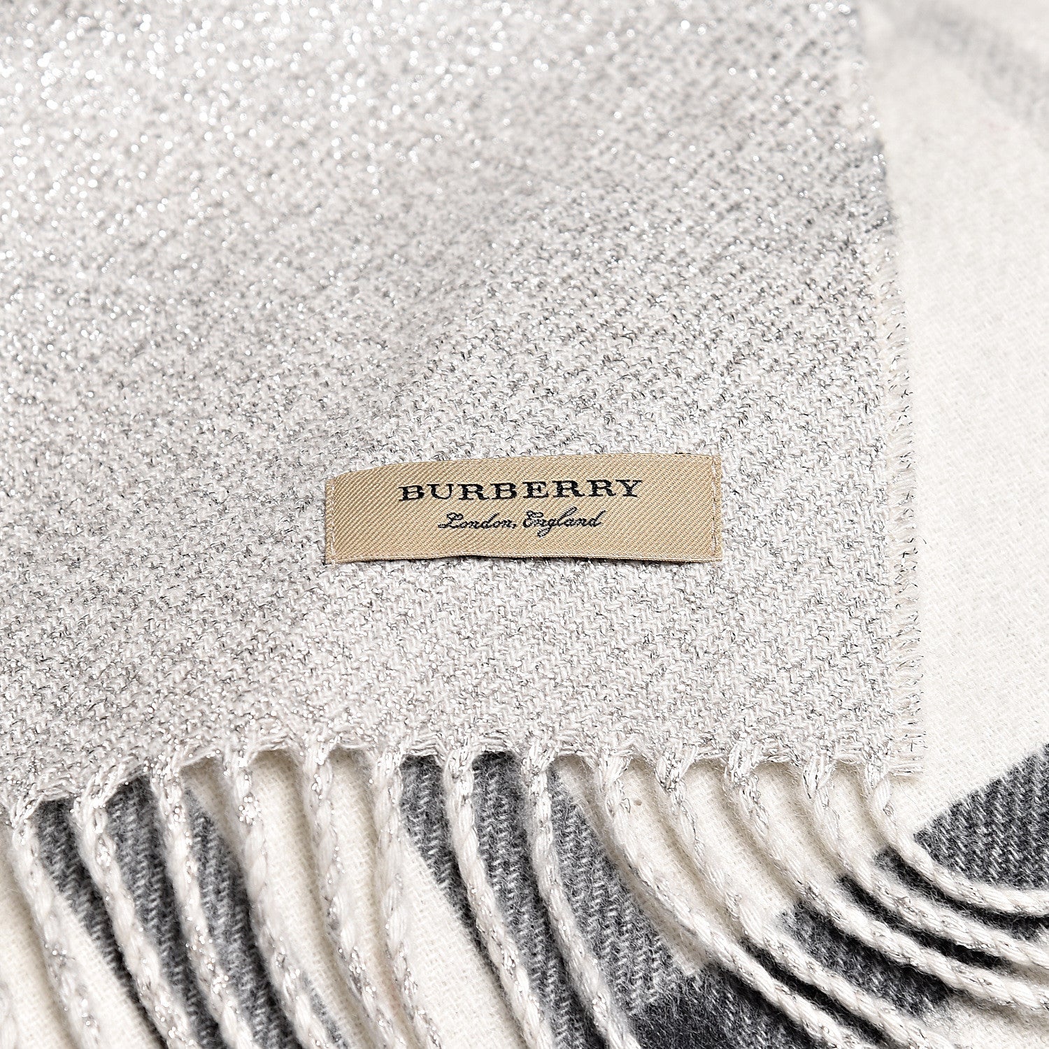 Burberry Cashmere Half Mega Check Reversible Fringe Scarf Natural White Silver 4 of 4