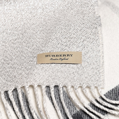 Burberry Cashmere Half Mega Check Reversible Fringe Scarf Natural White Silver 4 of 4