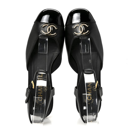 Chanel Lambskin Patent Cap Toe Crystal Enamel CC Mary Jane Slingback Flats 37 Black 2 of 10