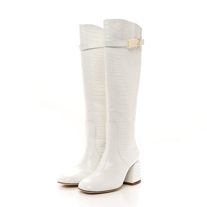 Fendi Calfskin Crocodile Embossed Knee High Block Heel Boots 35.5 White 3 of 8