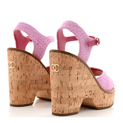 Chanel Tweed Cork CC Wedge Sandals 37.5 Pink 5 of 9