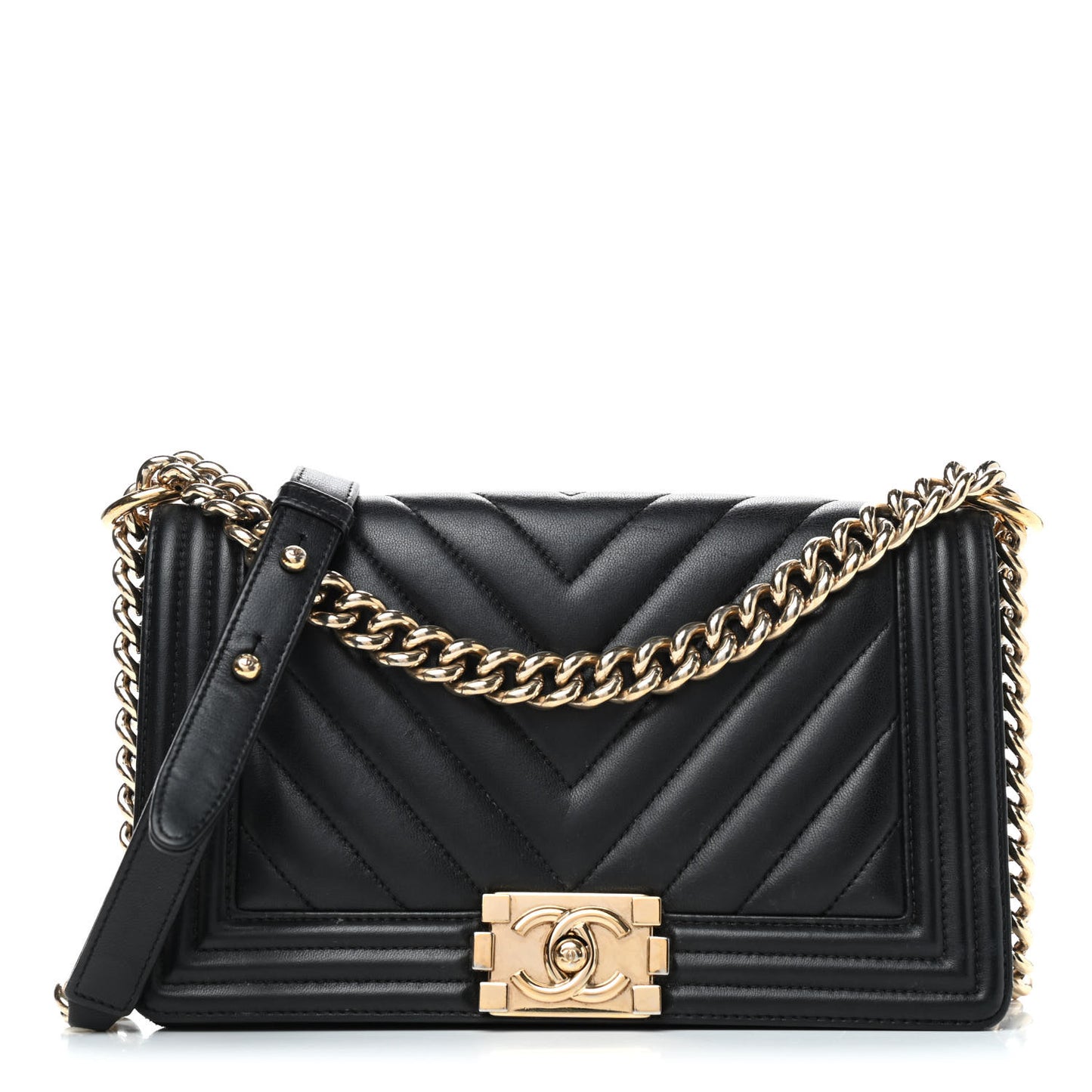Calfskin Chevron Quilted Medium Boy Flap Black