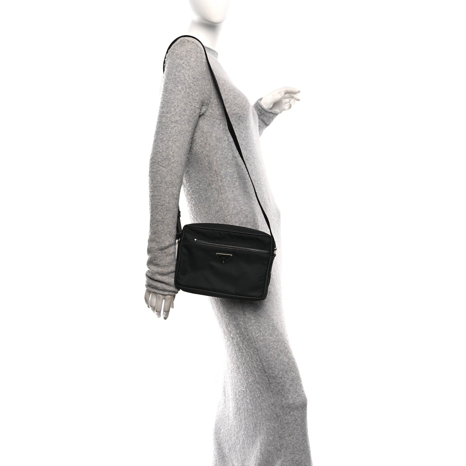 Prada Tessuto Saffiano Pocket Double Zip Shoulder Bag Black 2 of 9