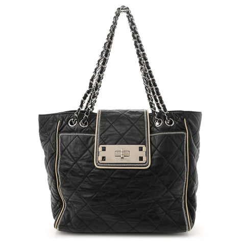 Glazed Lambskin Quilted Large North South Tote Black