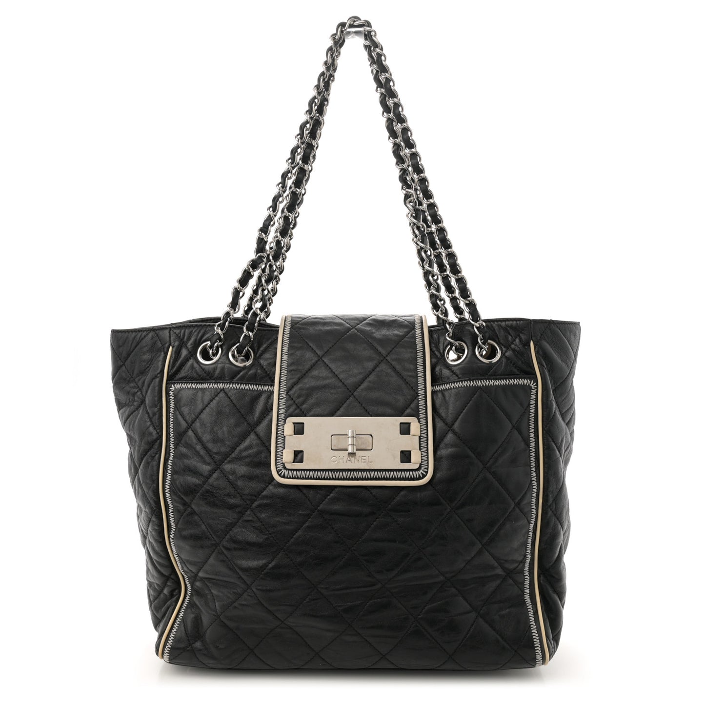 Glazed Lambskin Quilted Large North South Tote Black