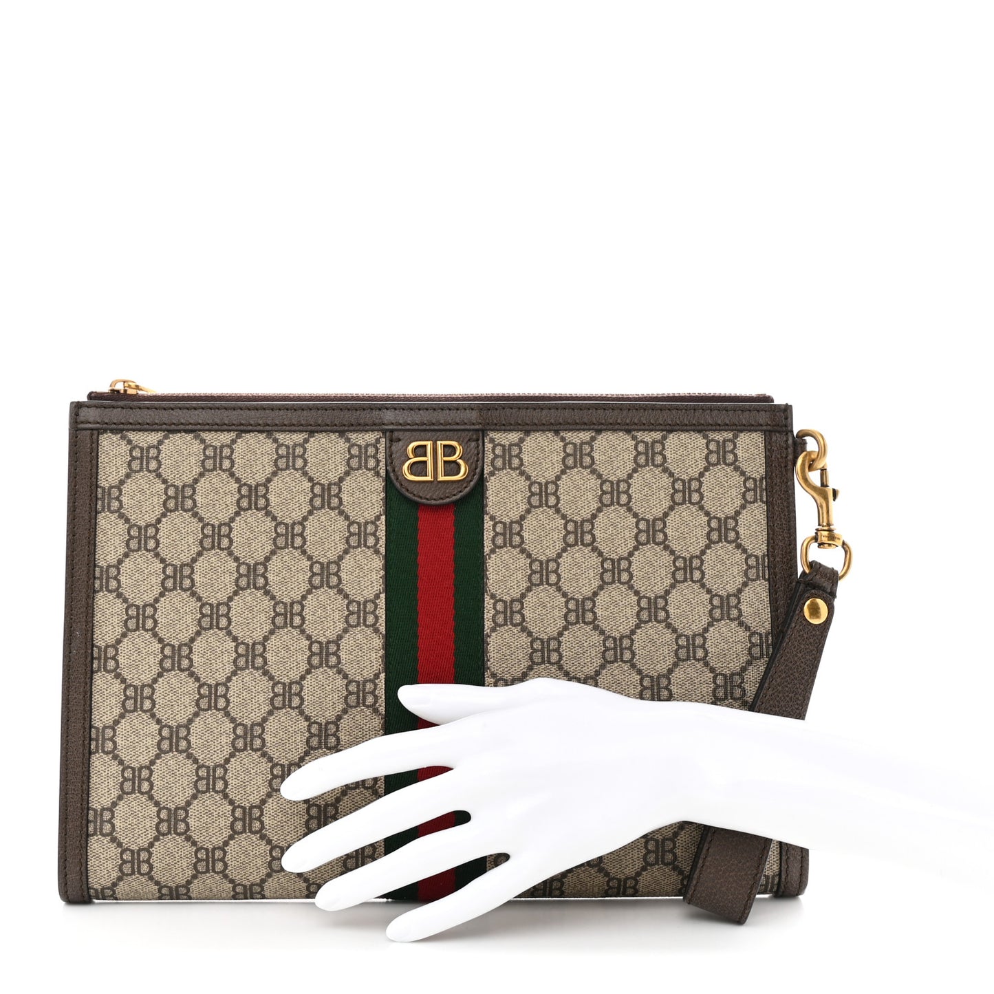 X BALENCIAGA BB Supreme Monogram Web Ophidia Wristlet Beige New Acero