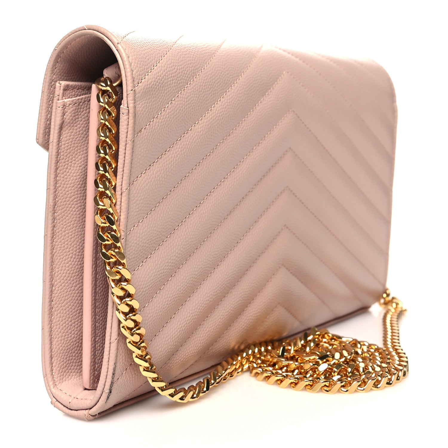 Saint Laurent Grain De Poudre Matelasse Chevron Monogram Chain Wallet Pale Blush 3 of 14